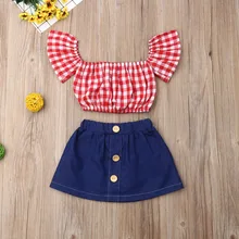 Pudcoco/Одежда для маленьких девочек топы в клетку с открытыми плечами и рукавами-крылышками, джинсовая мини-юбка комплект из 2 предметов, летняя одежда
