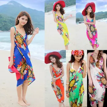 

Womens Bohemian Spaghetti Strap Sexy V-Neck Backless Bikini Cover Up Colored Sunflower Print Wrapped Beach Dress Bathing Suit