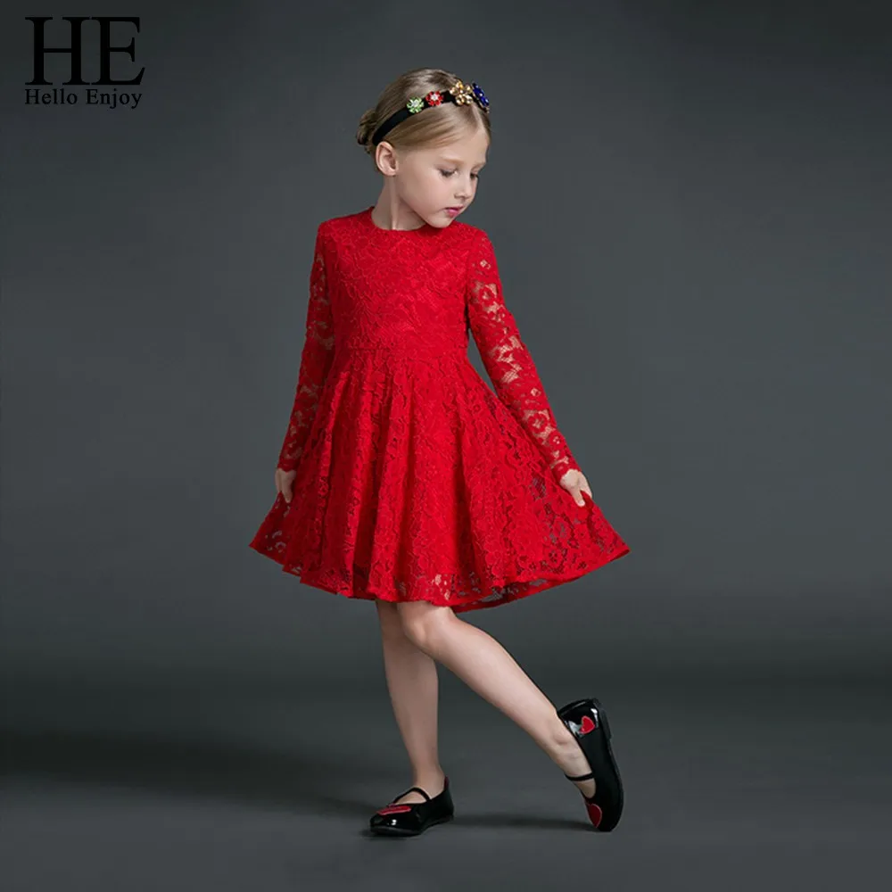 HE Hello Enjoy/платья для мамы и дочки; осень г.; одинаковые комплекты для семьи; красное кружевное платье с длинными рукавами; женская одежда для девочек