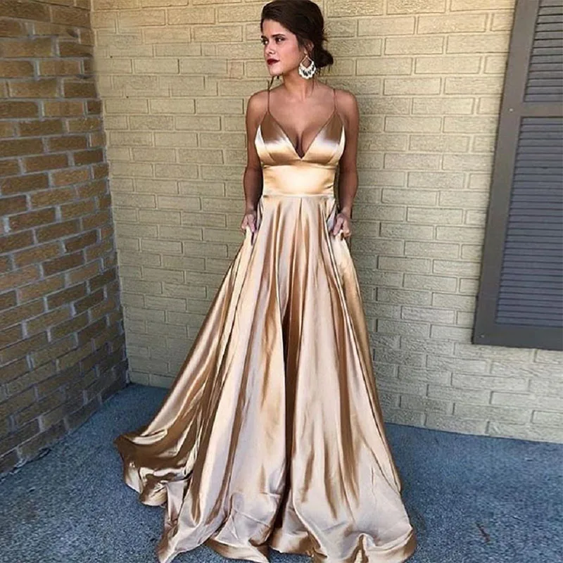 gold evening gowns Newest A Line Long Champagne Evening Dress Sexy Elastic Satin Vestido De Festa Spaghetti Straps Party Formal Pageant Prom Gowns formal dresses & gowns