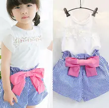 2Pcs Toddler Infant Baby Girls Kids Clothes Shirt Tops+Blue Striped Shorts Pants Outfit Set