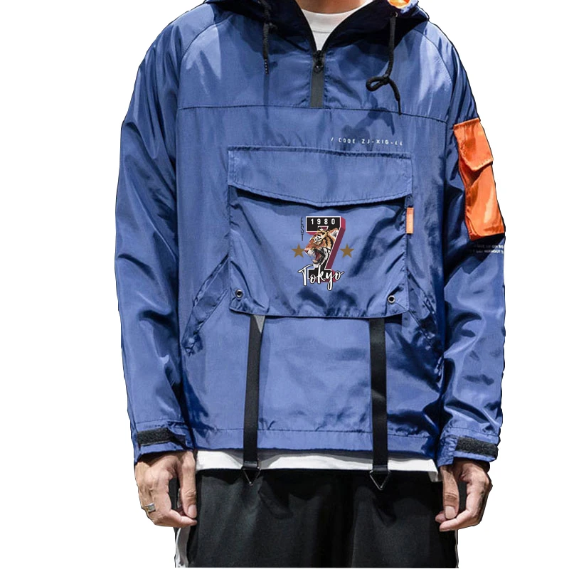 

fashion print windproof coat mens pocket zipper windbreaker Casual Hip Hop Loose Riobbon Jacket