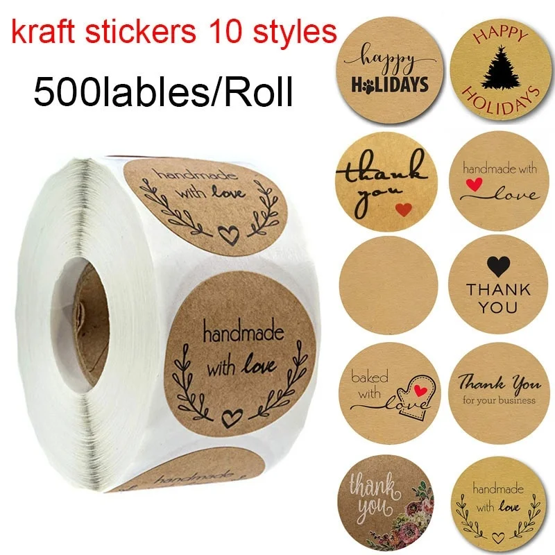 500 Labels per roll Round Natural Kraft Thank You Sticker seal labes Hand Made With Love Sticker Paper Stationery sticker