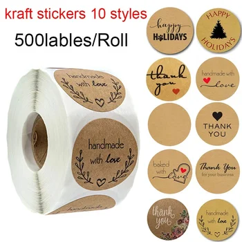 500 Labels per roll Round Natural Kraft Thank You Sticker seal labes Hand Made With Love Sticker Paper Stationery sticker 1