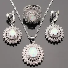 Flor de Fuego Blanco Australia Opal Color Plata Pendientes de Gota Colgante de Collar de Sistemas de La Joyería Para Las Mujeres Anillos de Regalo