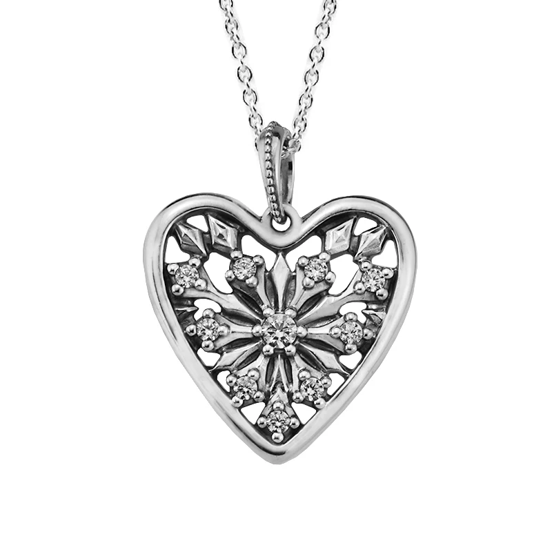 

100% 925 Sterling Silver Jewelry Heart of Winter Necklace with Clear CZ Free Shipping