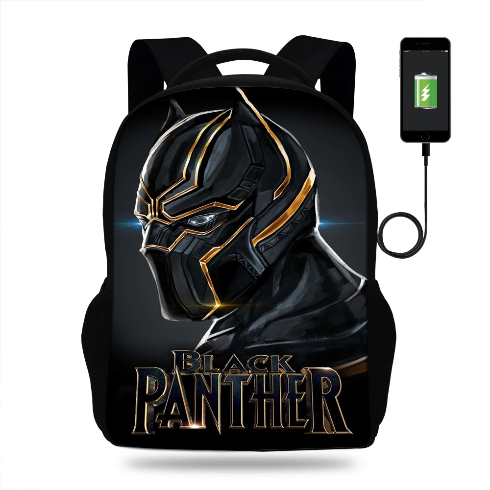 16-дюймовый шпилька для Лидер продаж Черный пантера рюкзак для Мужские Женские принт супергероев USB Зарядное устройство сумка с вышивкой для девочек-подростков, для мальчиков, школьные сумки для детей