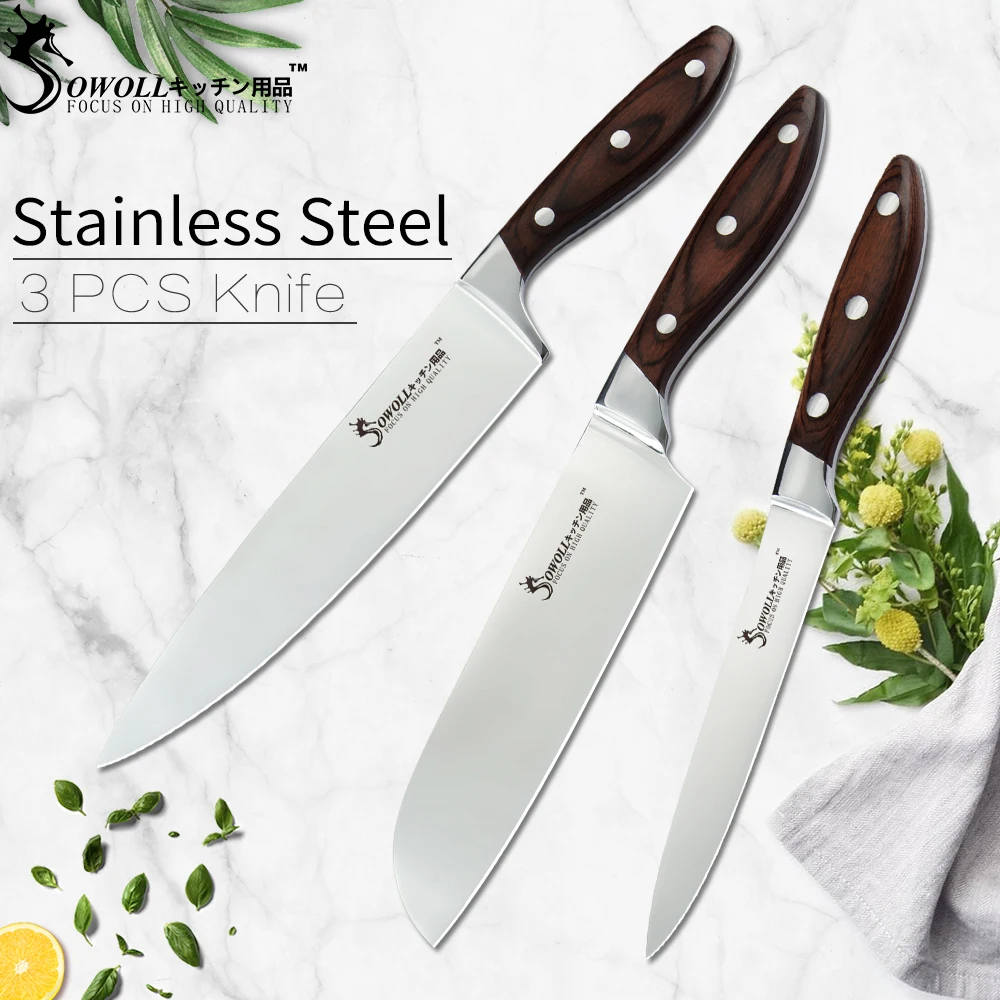 Sowoll японский кухонный нож Santoku набор кухонных ножей из нержавеющей стали для