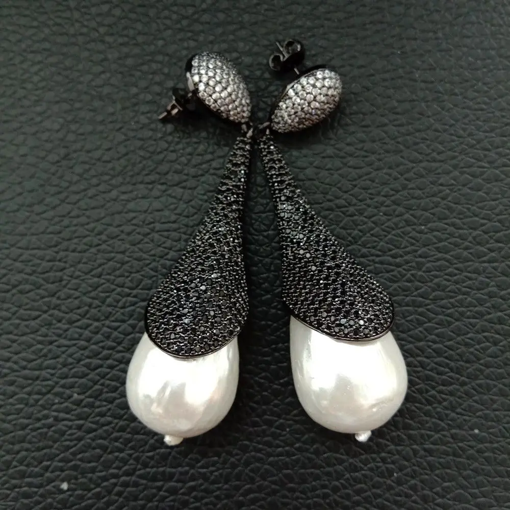 

Women's 16x25MM White Sea Shell Pearl Black CZ Pave Gunmetal Earrings