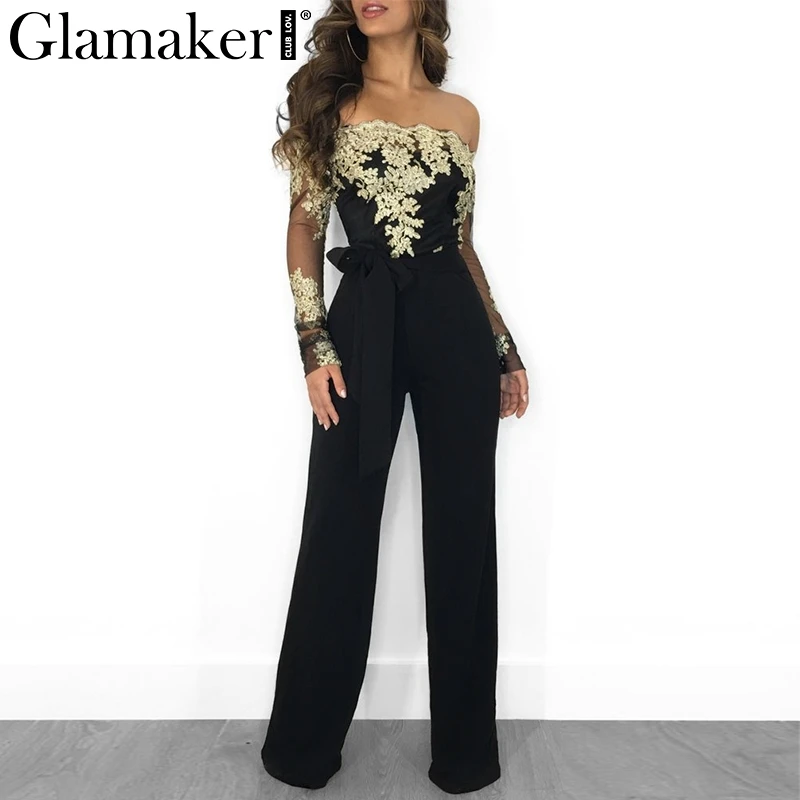 Женский комбинезон Glamaker черный кружевной с открытыми плечами летние элегантные