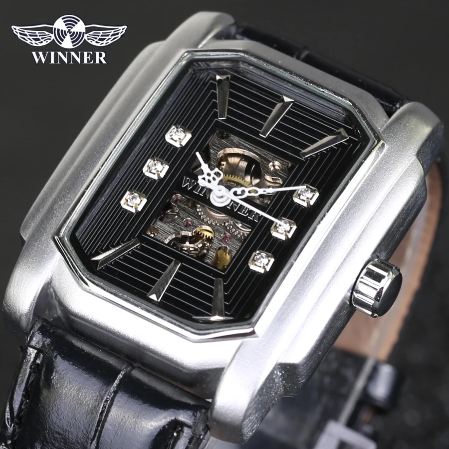 

Winner Automatic Watch Men Elegant Rectangular Dial Black Leather Band Business Mechanical Watches Relogios Masculinos