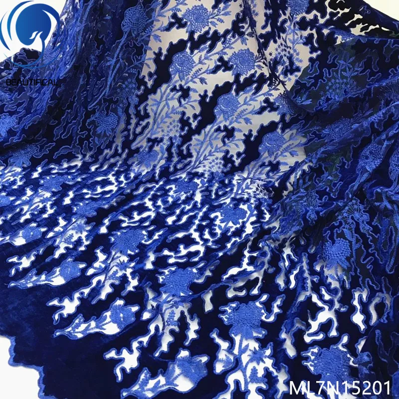 

Beautifical african lace fabric 2019 New arrival blue velvet tulle lace french net lace fabric for dresses 5 yards/lot ML7N152