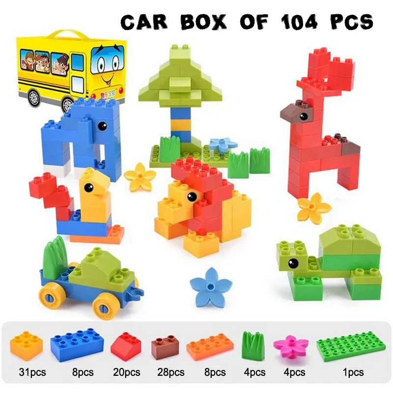 

DOLLRYGA 104pcs Block With Car Bxod Big Bricks Parts DIY Bulk Building Blocks Compatible Legoing Duplo Birthday Gift Mixed Color