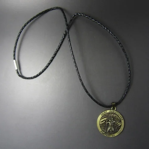 Antique Bronze Plated Saint Christopher Metal Charm Pendant Leather Necklace Neck Tie Antique Bronze Plated Saint Christopher Metal Charm Pendant Leather Necklace Neck Tie
