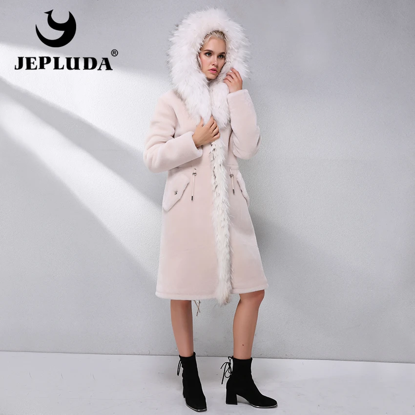 JEPLUDA Шуба Натуральный Мех овчины Австралийский На Капюшон Лисы Реальный