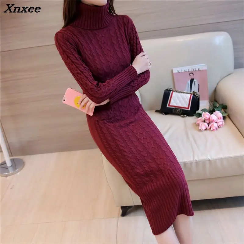 

Ladies winter turtleneck sweater dress sleeve head twist wool skirt dress Korean female knee long sweater Xnxee