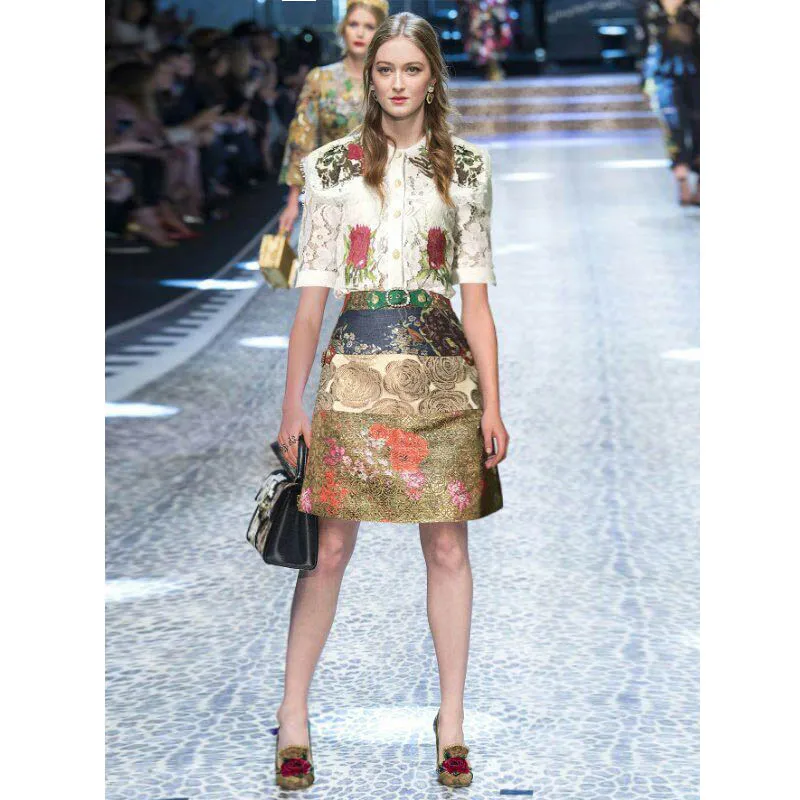 Bordado blusa de renda jacquard de luxo broca fivela terno de saia 616