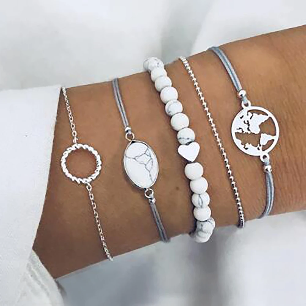 

17IF 5PCS/Set Charms Bracelets Bangles For Women Fashion Beads Heart Natural Stone Map Strand Bracelet Sets Jewelry Party Gift