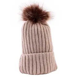 Детская одежда для малышей для мальчиков и девочек шапка зимняя теплая шерсть трикотажные шапочки шляпа крючком Мех животных pom плюшевые