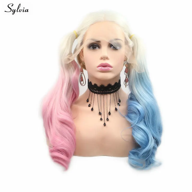 

Sylvia Women Body Wave Wig Blonde Ombre Half Blue/Half Pink Wig Heat Resistant Synthetic Lace Front Wig Halloween Cosplay Wig