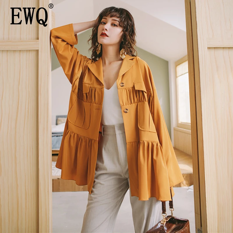 

EWQ2019 Spring summer England Style accordion pleated silhouette coat tops loose Patchwork long-sleeved suit jacket female QJ130