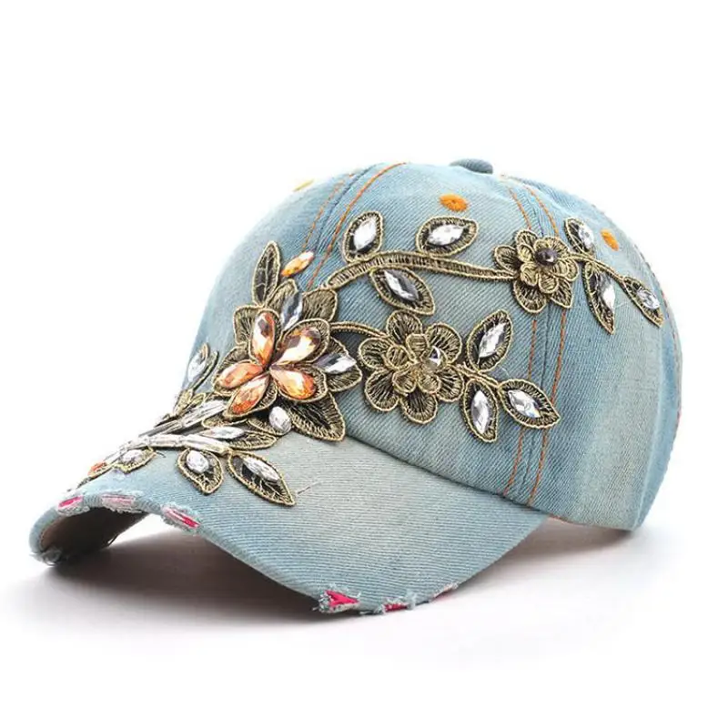 Women's Baseball Cap Diamond Painting Embroidery Flower Denim Snapback Jeans Cowboy Summer Sun Hat