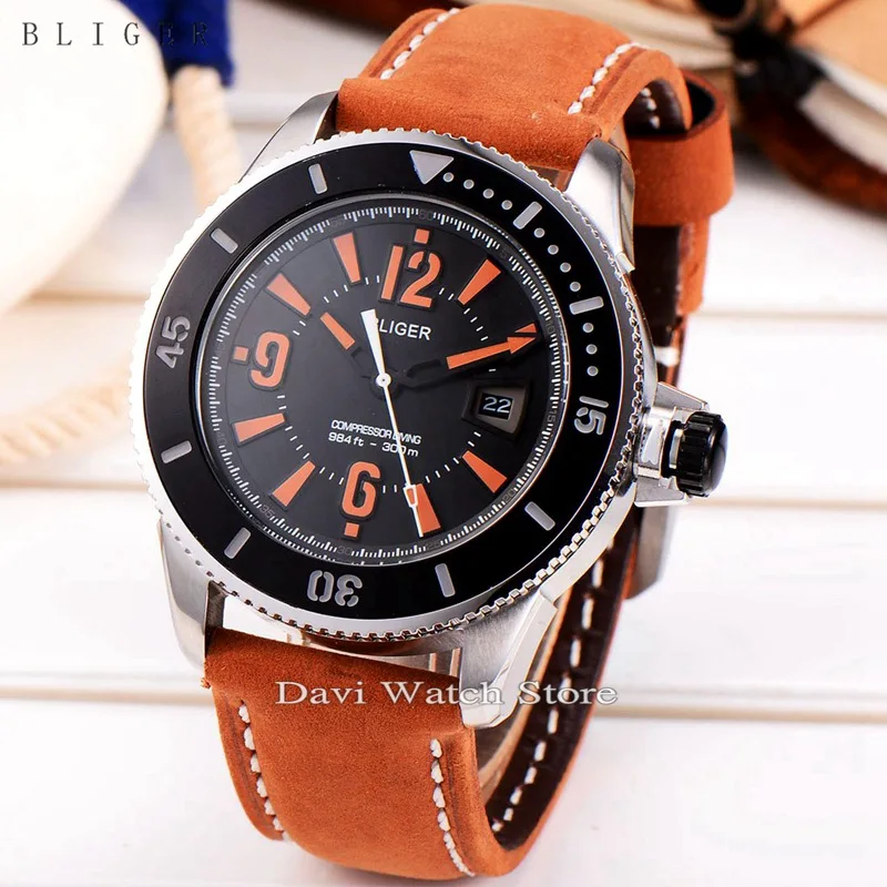 

43mm Date Silver Steel Case Black Dial Bliger Automatic Mechanical Men Watch