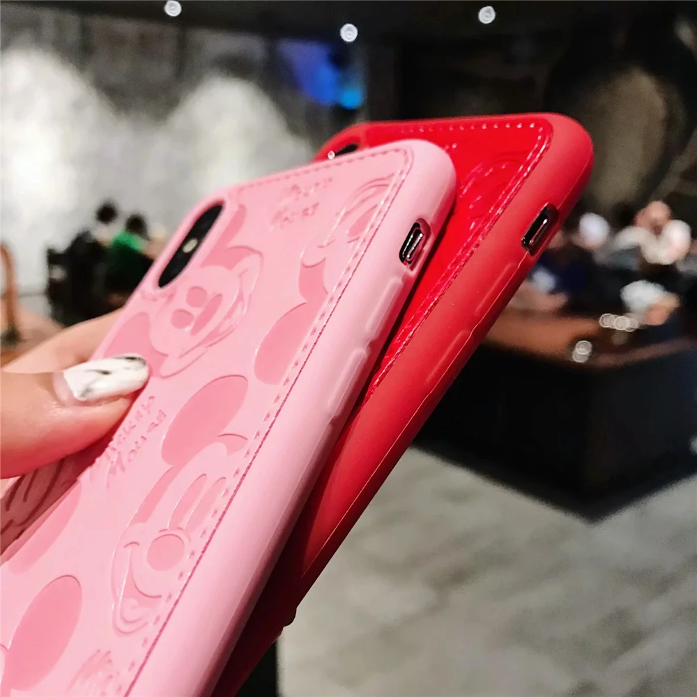 Phone - Cartoon Mickey Minnie Mouse Leather Case For iPhone 8 7 6 6S Plus X Xs Max XR 3D embossing Disneys Painting Soft leather Cover