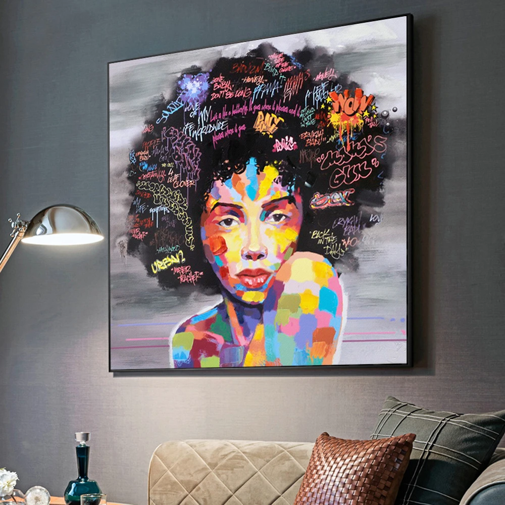 Abstract African Girl With Letters Wall Art Canvas Modern Pop Wall Graffiti Art Paintings Black Woman Cuadros Picture Home Decor Painting Calligraphy Aliexpress