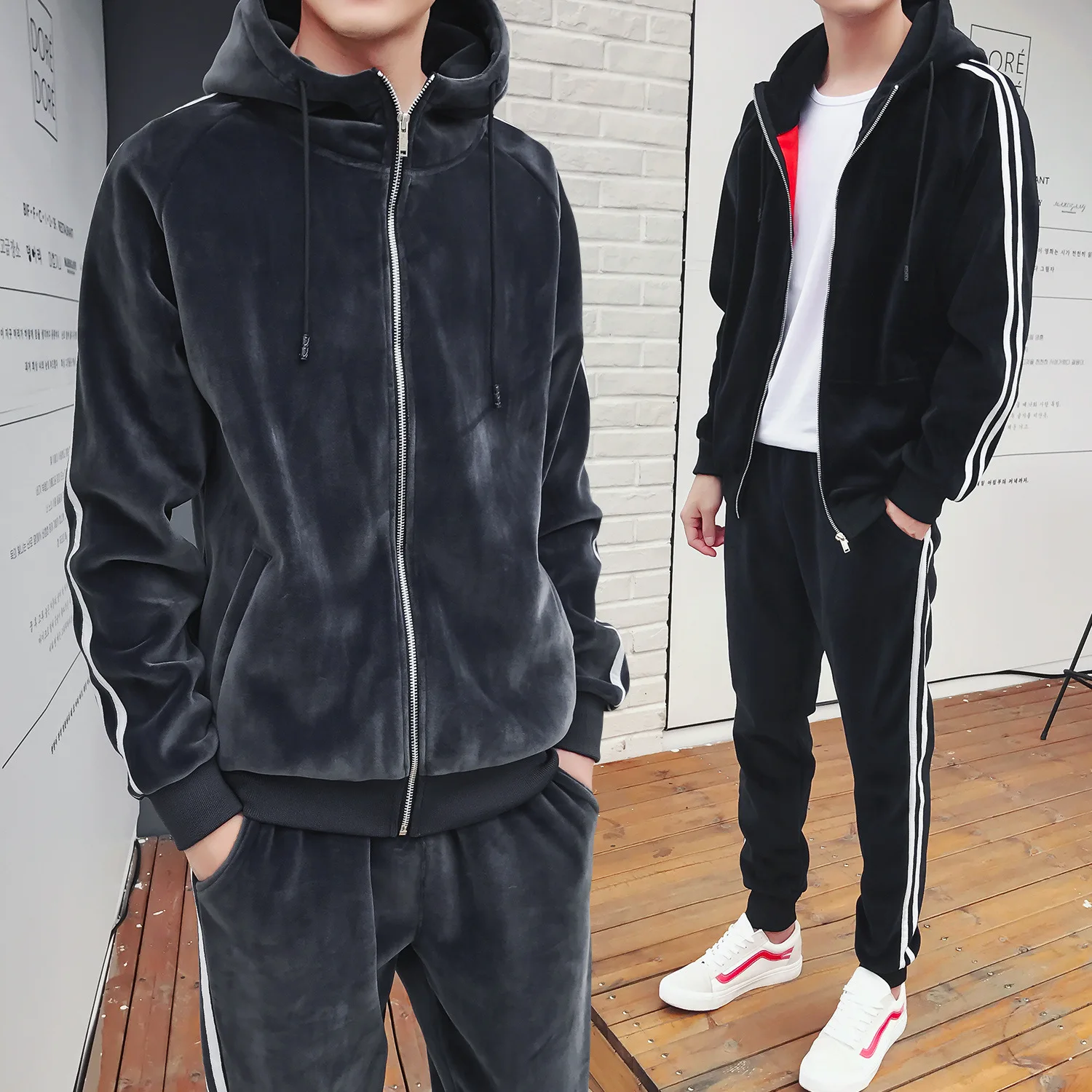 

Men Sportswear Tracksuit Winter Fleece Thick Velvet Jacket Hoodies Sweatshirt+pants Running Jogging Leisure Set Sport Warm Suit