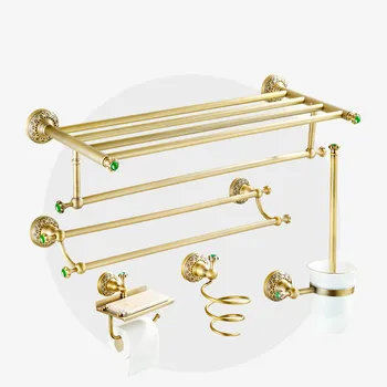 

European Antique Bathroom Hardware Set Pendant Brass Carved Butterfly Bathroom Products Green Stone Bathroom Accessories Set