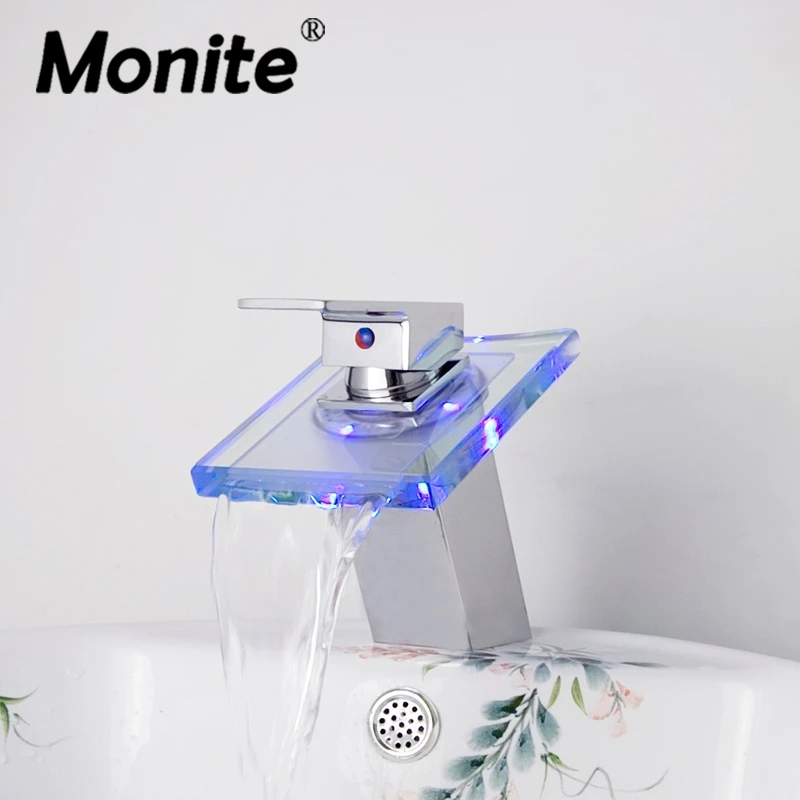Modern Brass LED Light Glass Spout Bathroom Sink Faucet Waterfall Mixer Taps