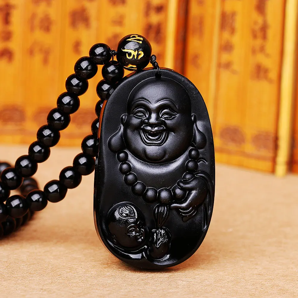 

Natural Crystal Amitabha Black Obsidian Carved Buddha Happy Amulet Pendant Necklace For Women Men Pendant Jewelry Drop Shipping