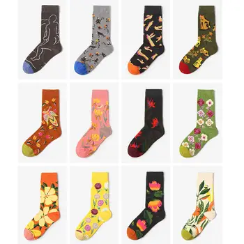 

Korean Style Fashion Skarpetki Tube Socks Flower Bird Print Women Men Lover Cotton Soft Sock Harajuku Unisex Elastic