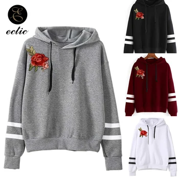 Embroidered Rose Applique Women Hoodies Poleron Mujer 2019 Elegant Sweatshirt Long Sleeve Black White Stripes Hoodie Drawstring balloon sleeve embroidered applique dress
