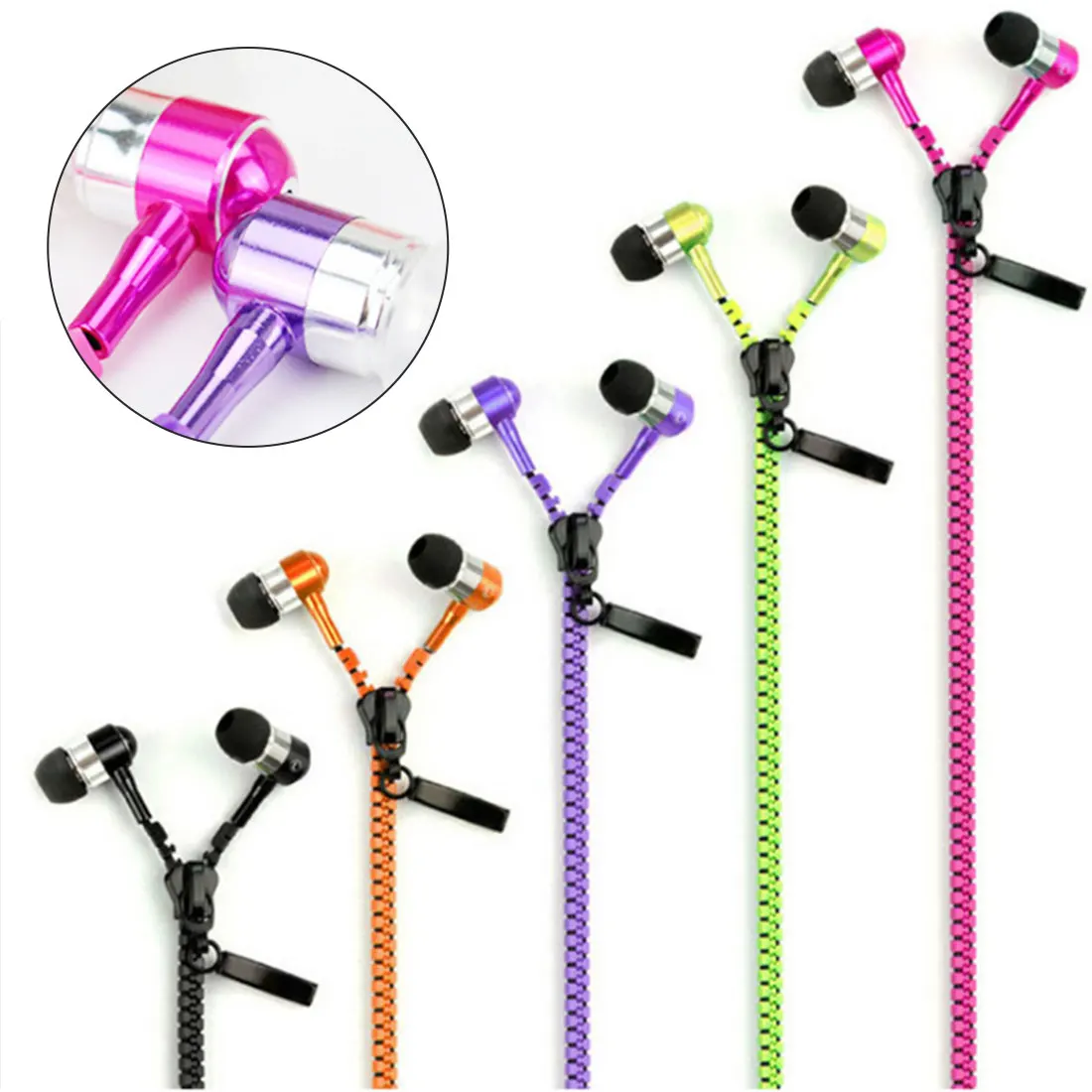 

New Zipper Earphones 3.5mm Aux Audio Jack In-ear type mp3 Subwoofer Headphone Universal Luminous Metal Earphones with Microphone