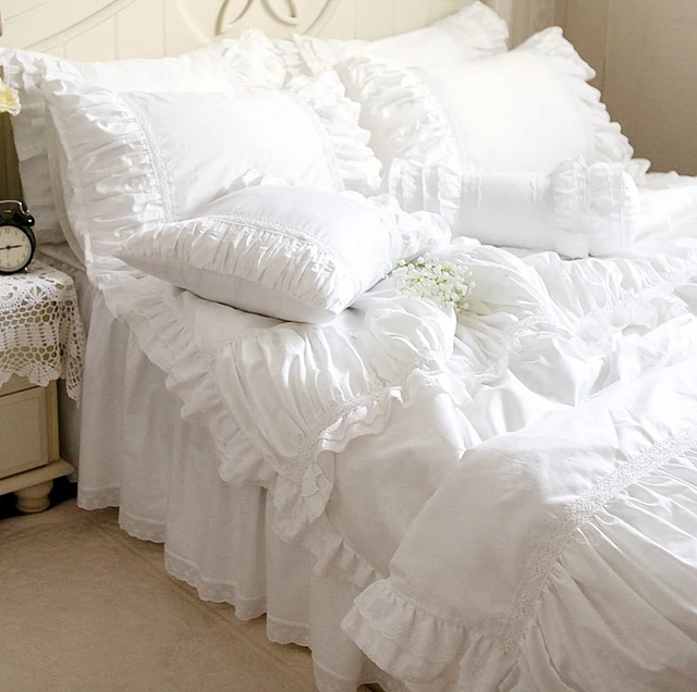 Luxury White Lace Ruffle Bedding Set Twin Full Queen King Cotton