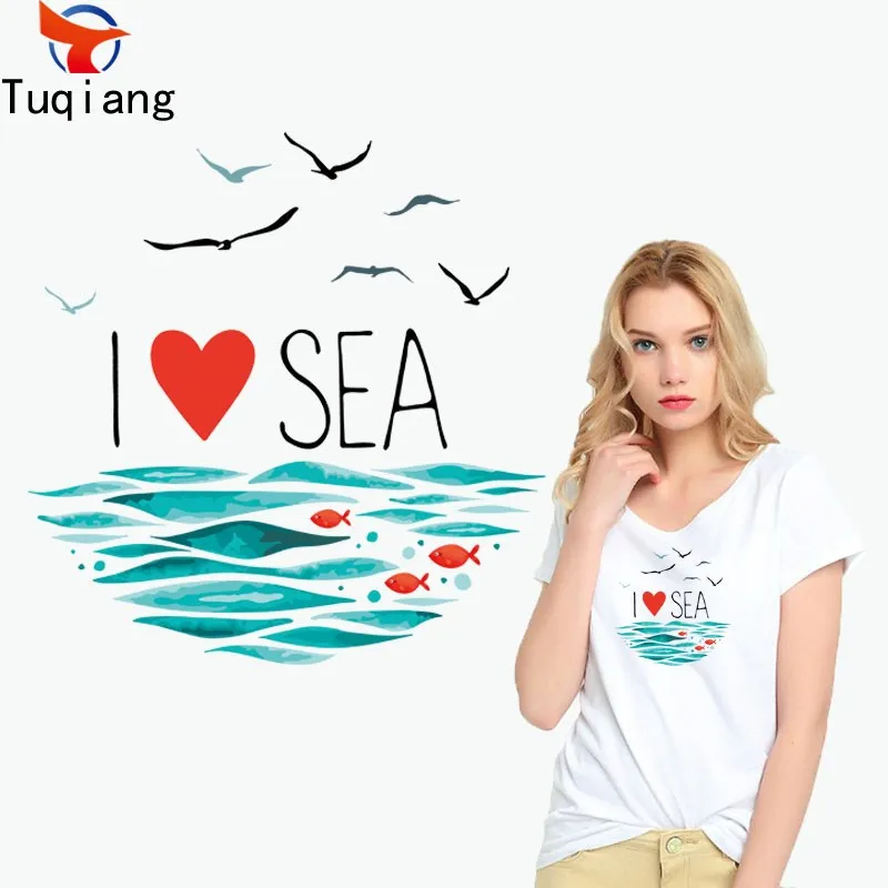 Fashion i love sea Patch 23*22.5 cm Iron Appliques For Clothing DIY Accessory Decoration Heat Press Appliqued diy Patches | Дом и сад