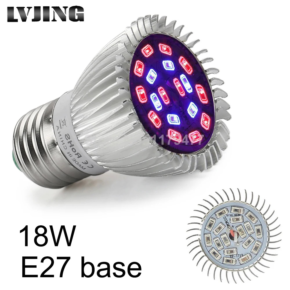 

LVJING 18W E27 SMD5730 LED Grow Lights 18 leds 12Red+6Blue Lamp for Flower Plant Growing Germination Hydroponics System Light