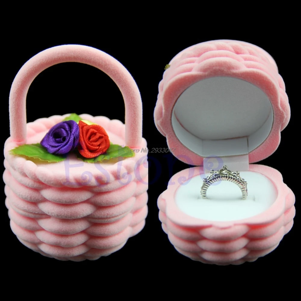 

1PC Rose Flower Basket Design Women FingerRing Earring Display Storage Box Case -W128