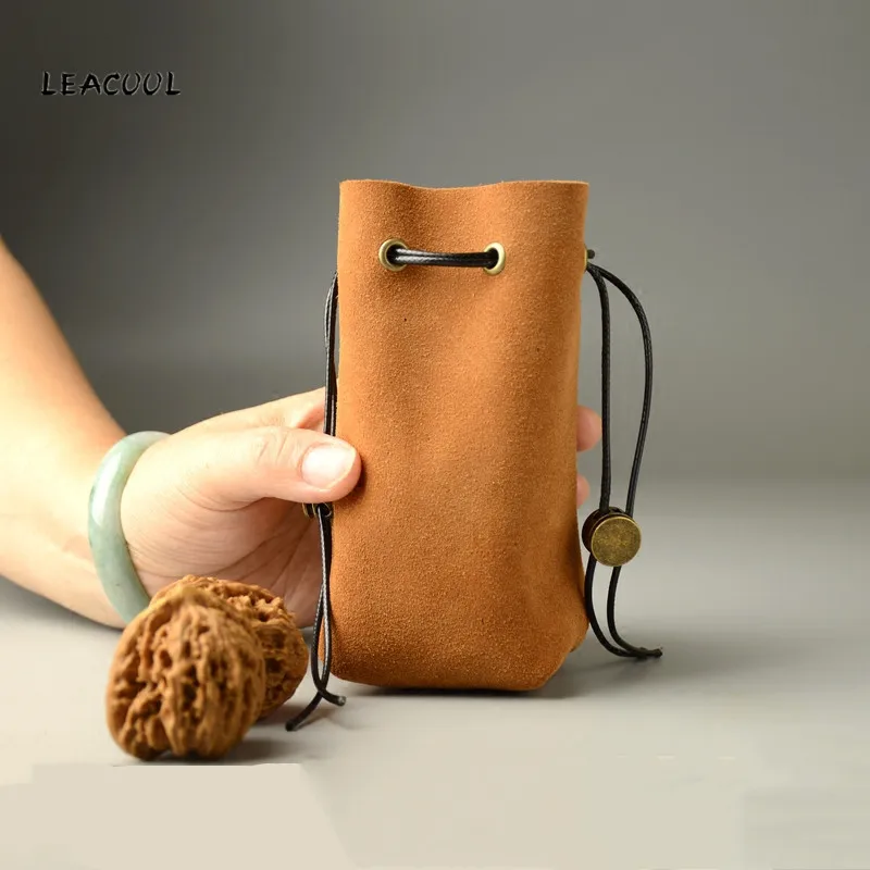 LEACOOL Vintage Genuine Leather Coin Purse Kraft first layer Coin Bag Drawstring Pouch Calabash