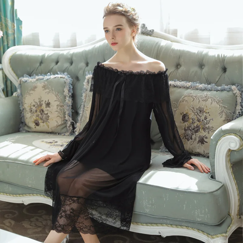 Black Princess Sleepwear Female Modal Long Sleeve Women Sleeping Lace
