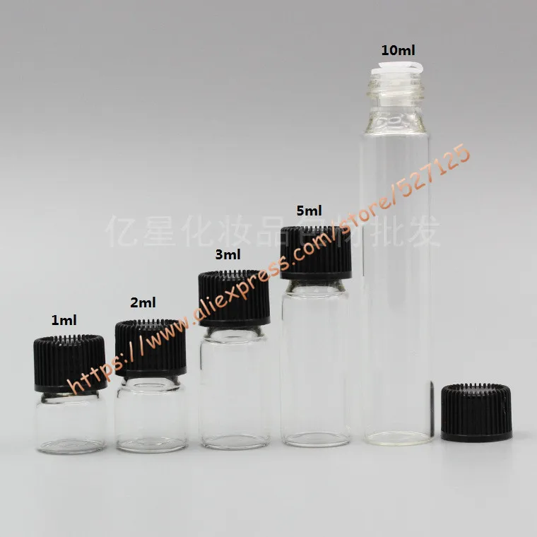 1 мл/2 мл/3 мл/5 мл/10 мл clear стеклянная бутылка с черной пластиковой крышкой (полоса) + прозрачная пластиковая вставка, мини/эфирное масло/пробу