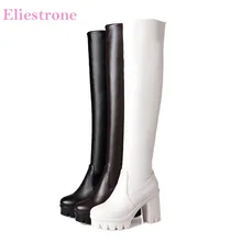 Новые брендовые пикантные женские сапоги до бедра белого и черного цвета женская обувь для вечеринок на очень высоком толстом каблуке Большие размеры 10, 33, 43, AS23
