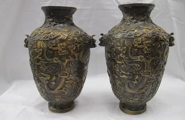 

Chinese Royal Bronze Lion Head Nine Dragons Feng shui Vase Bottle Pot pair