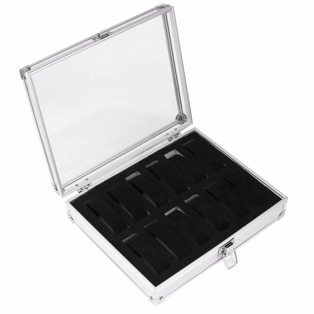 

12 Grid Slots Watch Box Display Jewelry Storage Square Aluminium Suede Box Case Container Jewelry Organizer Caja de watch