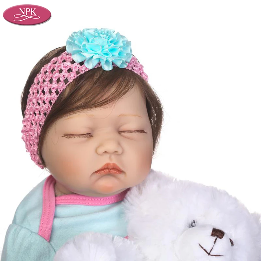 NPK 55CM Silicon Doll Lifelike Reborn Baby Girl Soft Cloth Body Realistic Babies Dolls + White Bear Stuffed Toys Children Gifts (1)