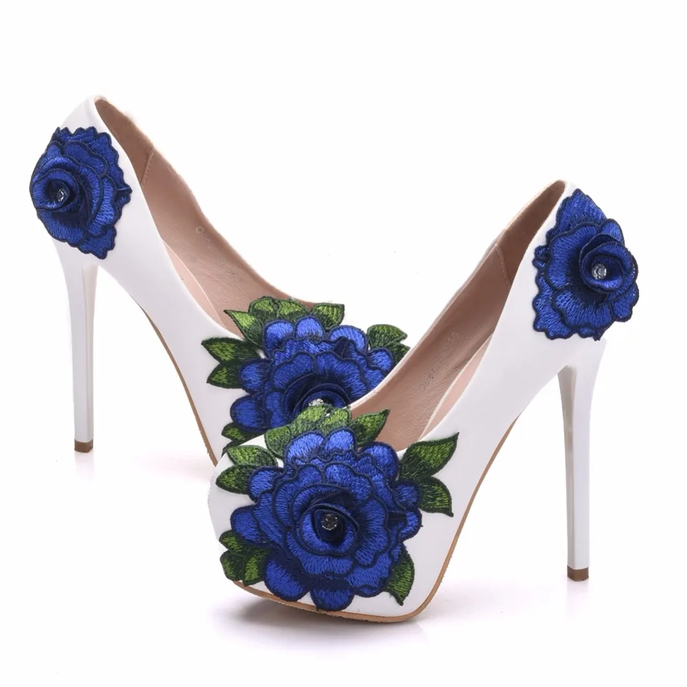 Crystal Queen Blue Lace Flower Bride Shoes High Heel Wedding Dress Shoes With Matching Bag Cutomized Ceremony Pumps With Purse