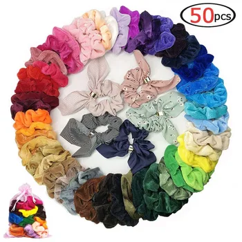

50 Pcs Hair Scrunchies Fabric Velvet Elastic Hair Bands Hair Ties Ropes Scrun Styling Tools Cheap Multicolor Cute Bow Hair Ties