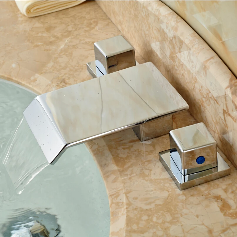 New Polished Chrome 3pcs Bathroom Bath Widespread Sink Basin Waterfall Faucet Deck Mount 3 Holes